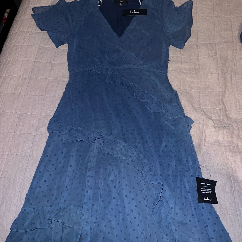 Lulu's Dusty Blue Polka Dot Midi Dress